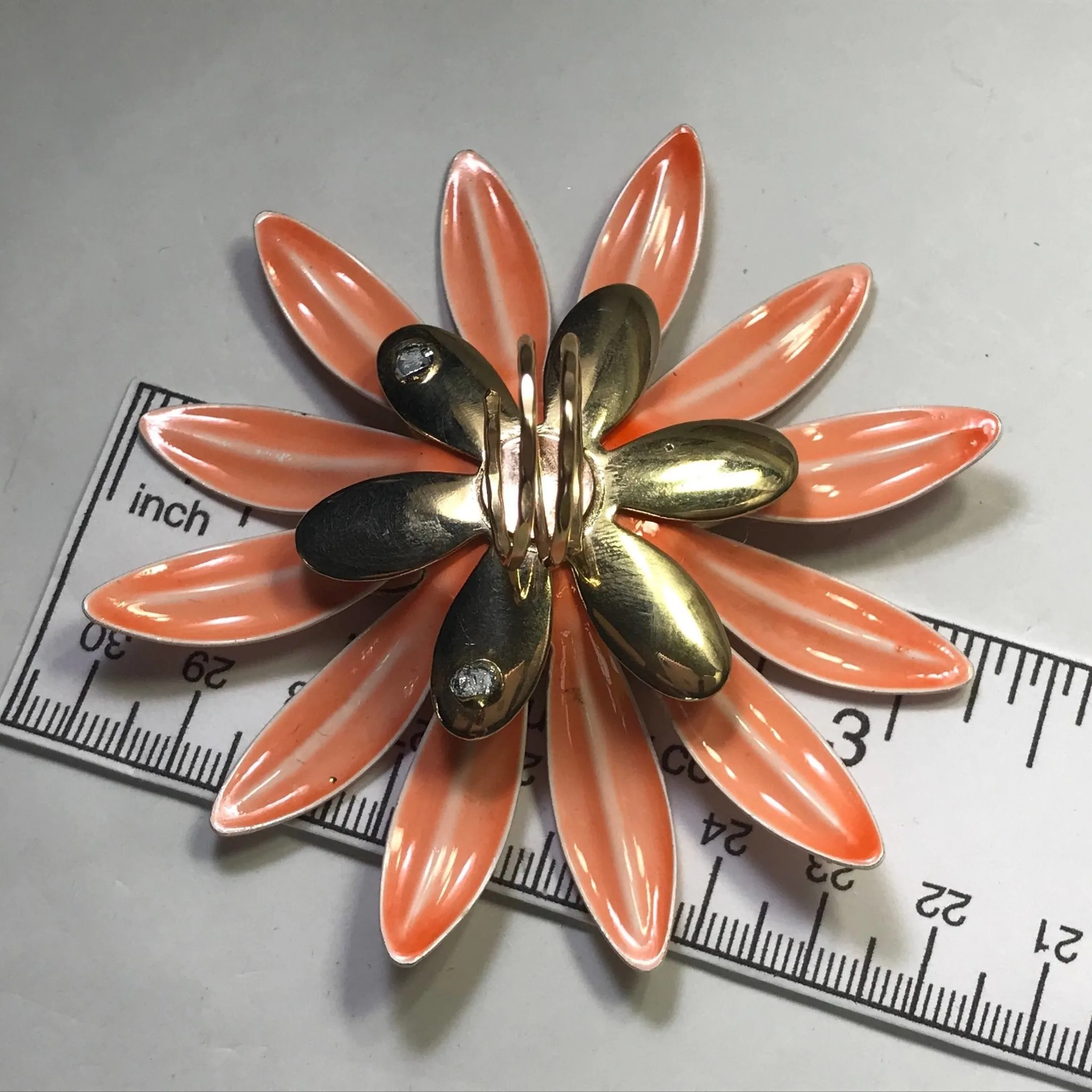 Upcycled Flower Statement Ring. Peach Gold Tone Flower. Vintage Recycled Jewelry.