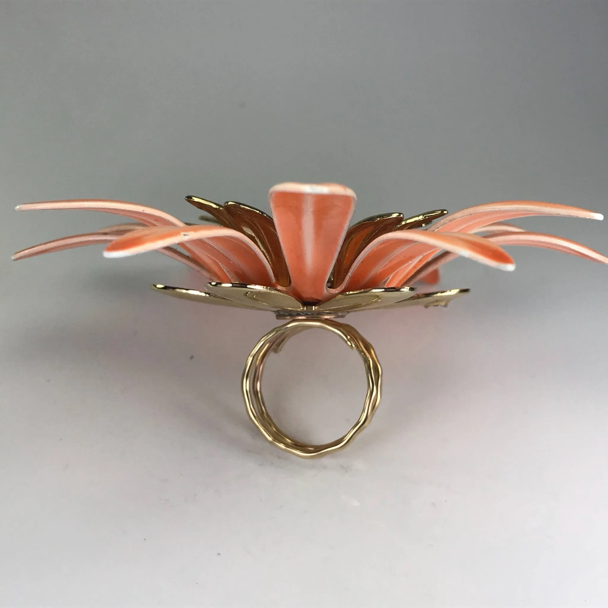 Upcycled Flower Statement Ring. Peach Gold Tone Flower. Vintage Recycled Jewelry.