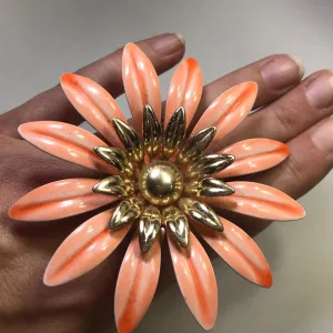 Upcycled Flower Statement Ring. Peach Gold Tone Flower. Vintage Recycled Jewelry.