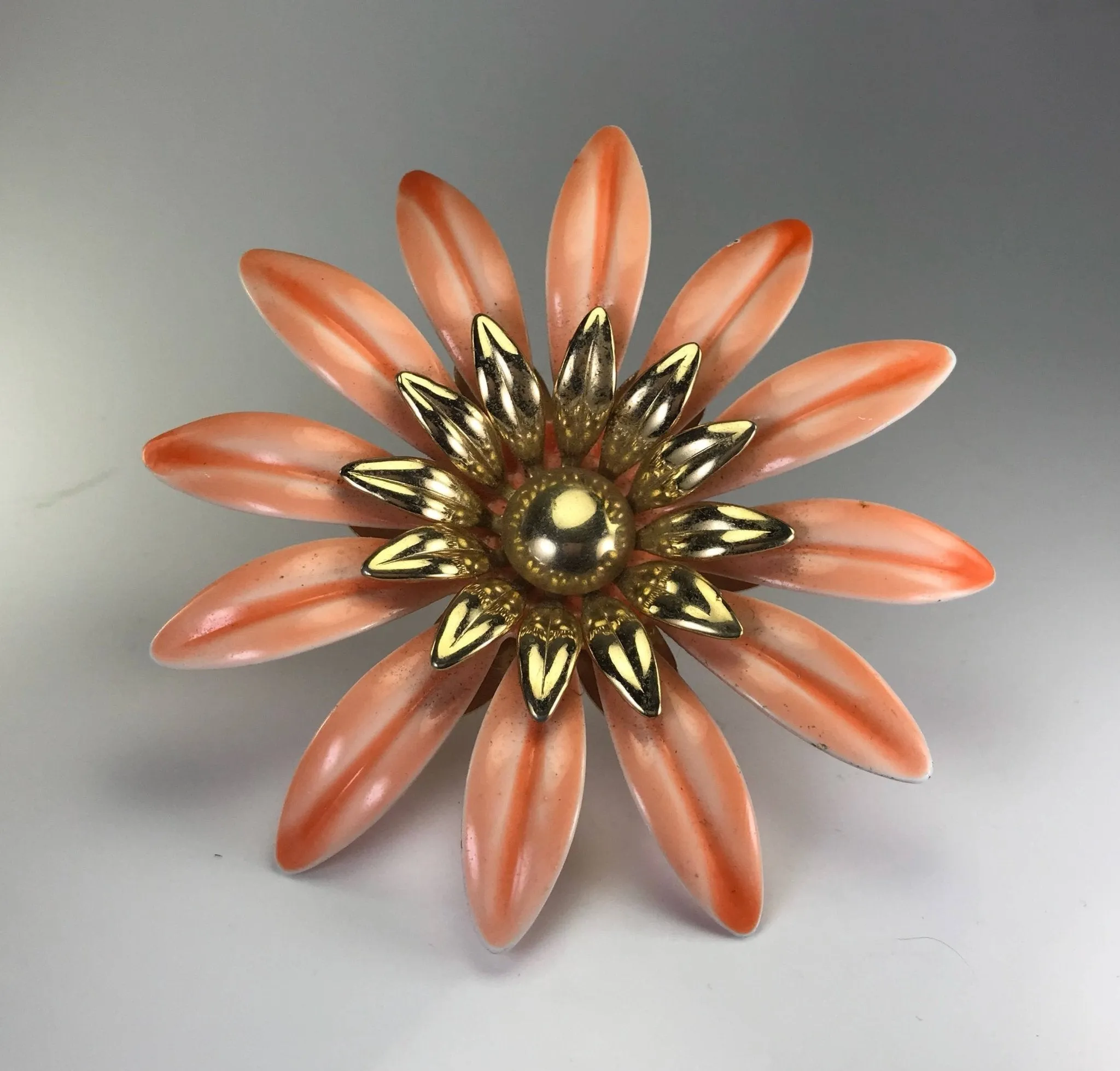 Upcycled Flower Statement Ring. Peach Gold Tone Flower. Vintage Recycled Jewelry.