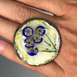 Upcycled Flower Statement Ring. Vintage Blue Painted Flowers. Recycled Ring.