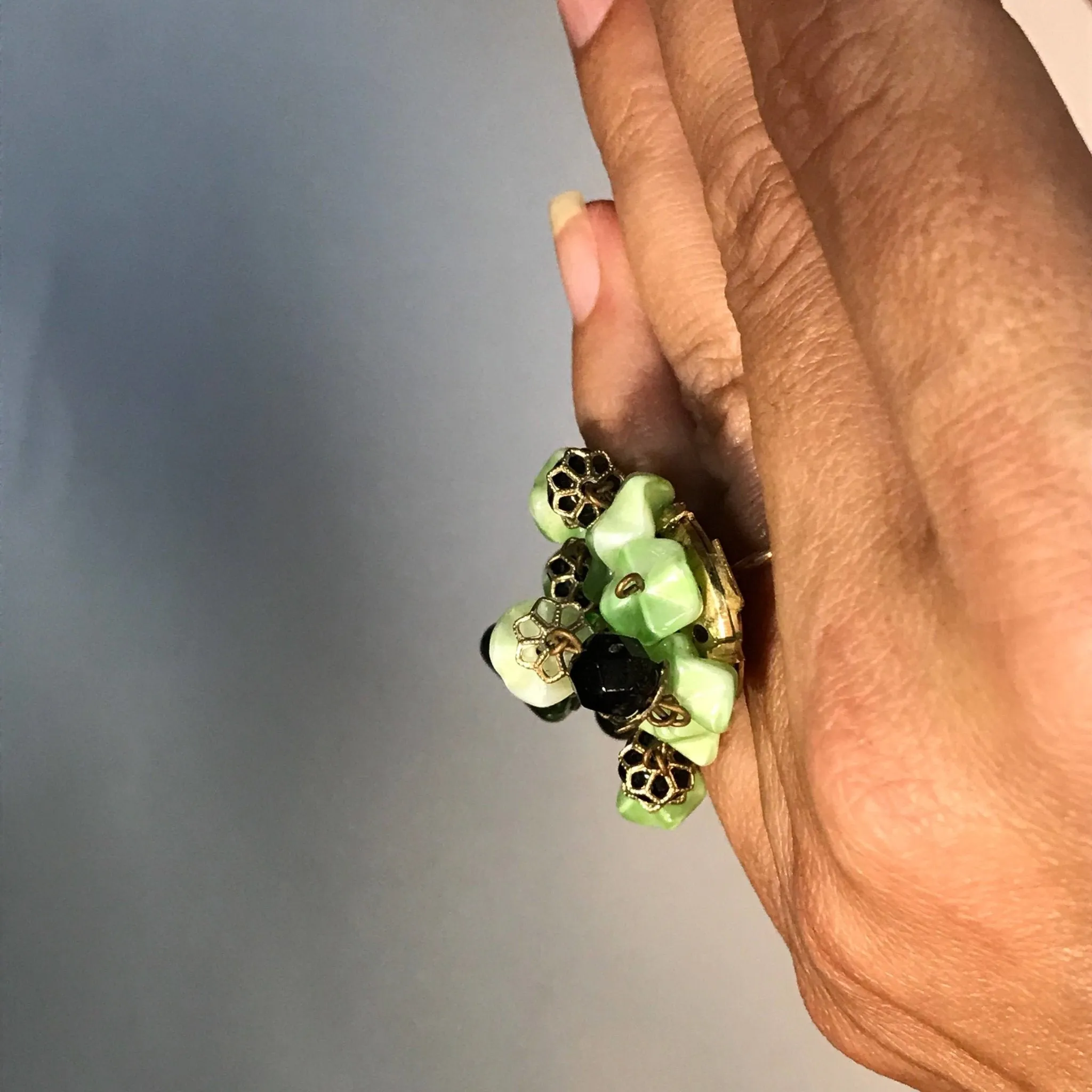 Upcycled Green Beaded Statement Ring. Recycled Estate Jewelry.