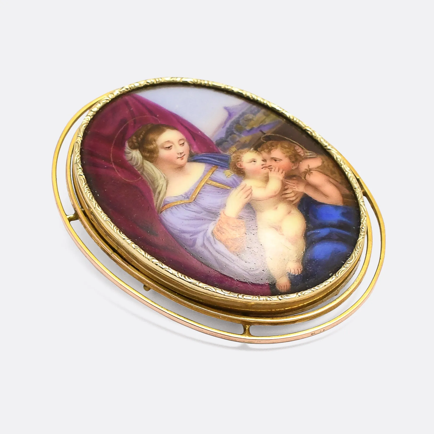 Victorian "Madonna & Child With St John" Enamel Miniature Brooch