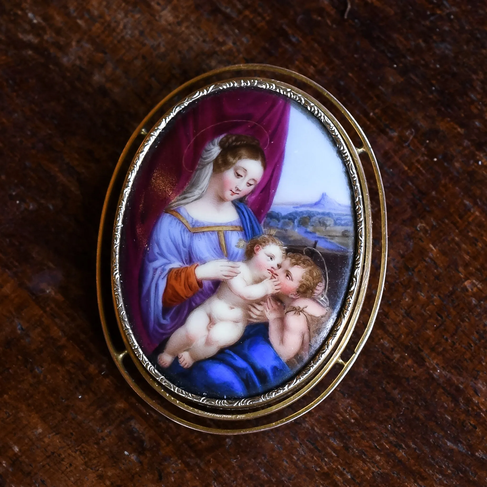 Victorian "Madonna & Child With St John" Enamel Miniature Brooch