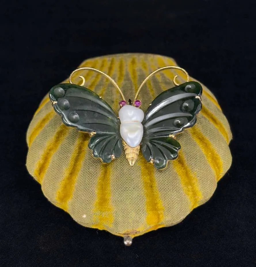 Vintage 1960s Gemstone Butterfly Brooch with Baroque Pearl