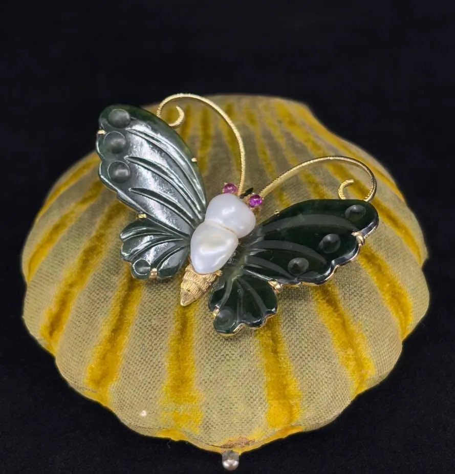 Vintage 1960s Gemstone Butterfly Brooch with Baroque Pearl