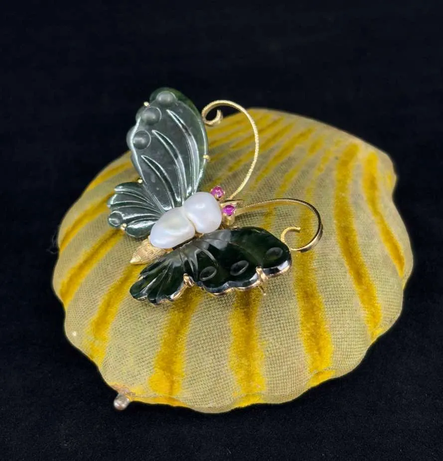 Vintage 1960s Gemstone Butterfly Brooch with Baroque Pearl