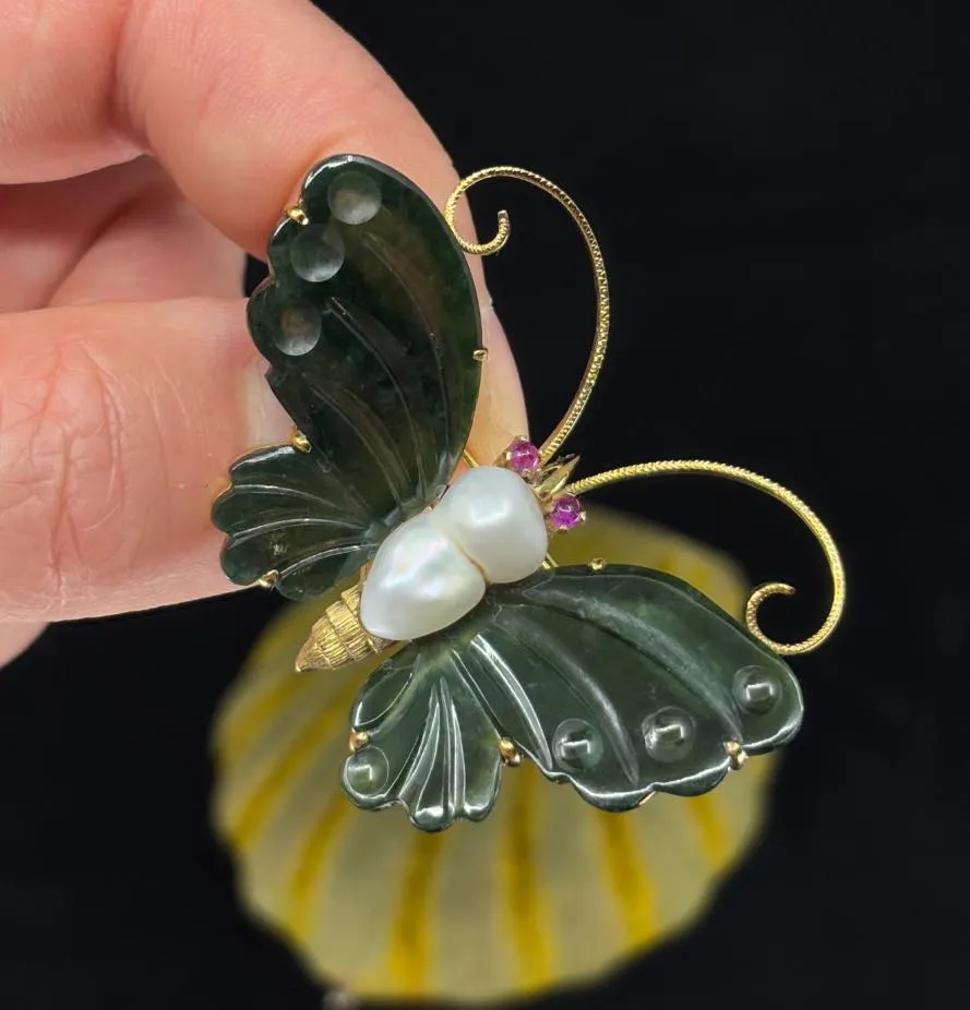 Vintage 1960s Gemstone Butterfly Brooch with Baroque Pearl