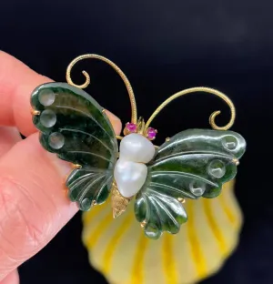 Vintage 1960s Gemstone Butterfly Brooch with Baroque Pearl