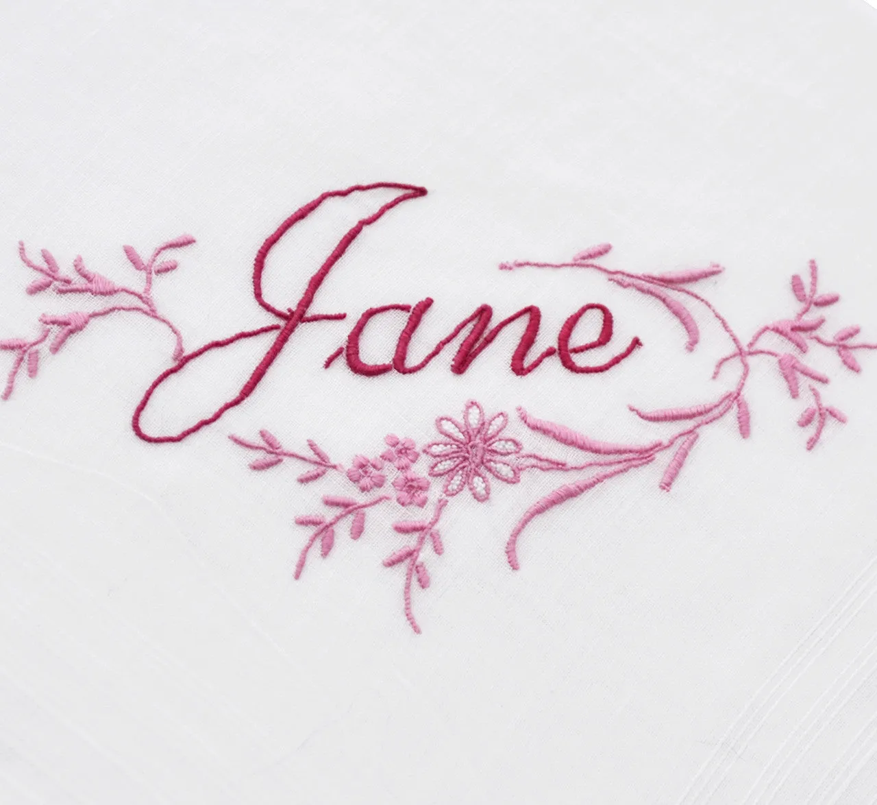 Vintage Jane Monogrammed Handkerchief with Pink Flowers