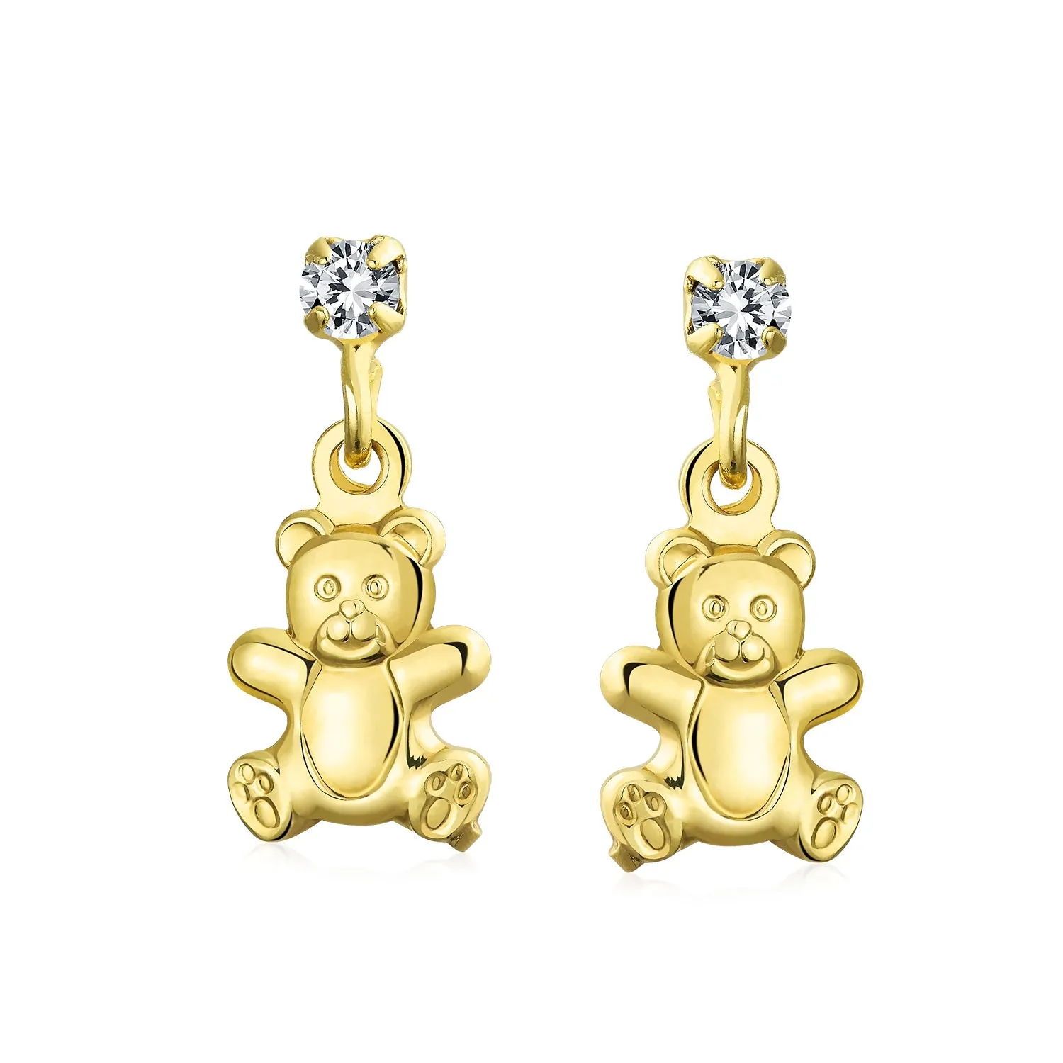 Whimsical Dangle Chandelier Earrings Teddy Bear CZ Accent 14K Gold Plated Brass