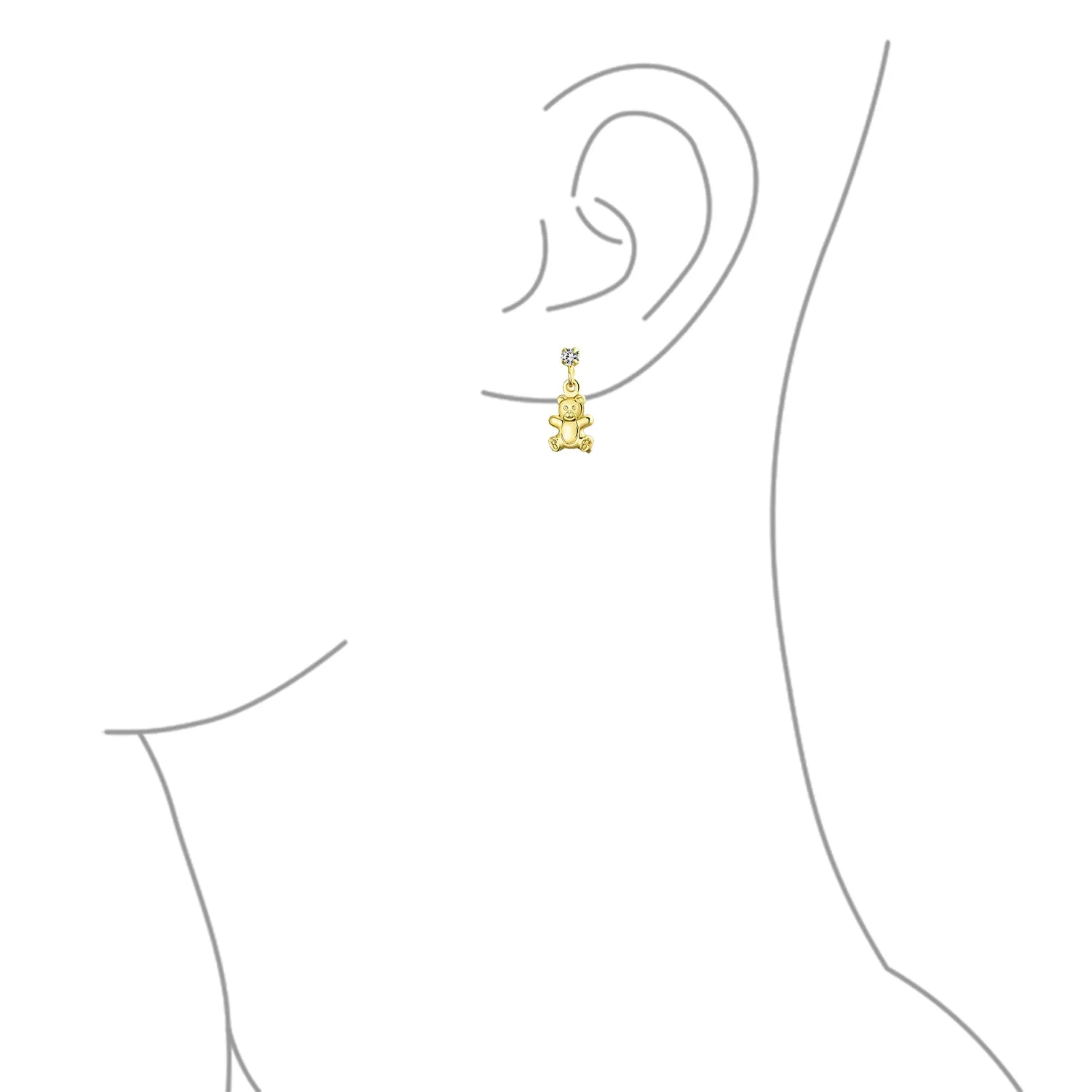 Whimsical Dangle Chandelier Earrings Teddy Bear CZ Accent 14K Gold Plated Brass