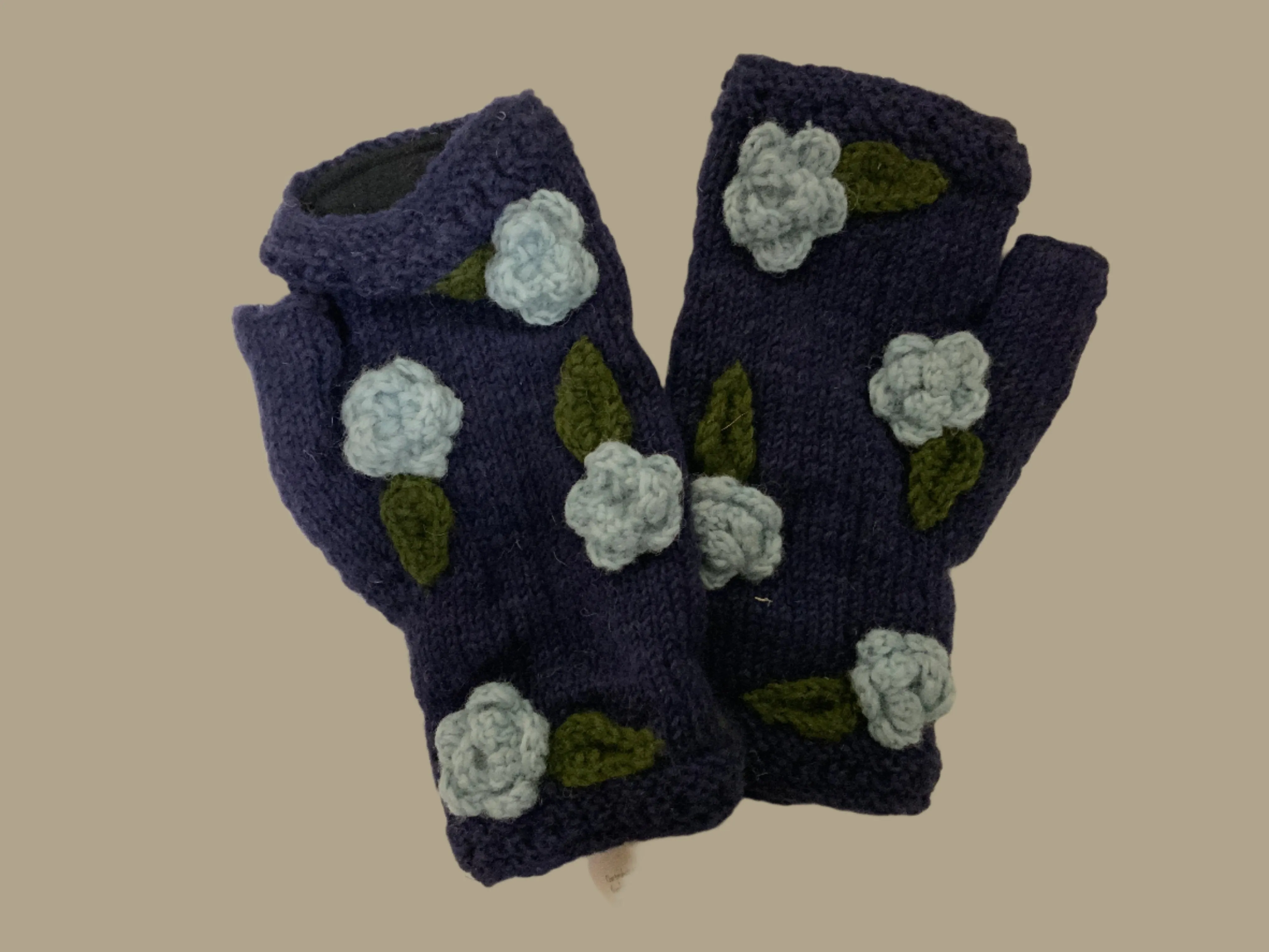 Wool Lined Gloves with Raised Crochet Flowers by Yak N Yeti G-589