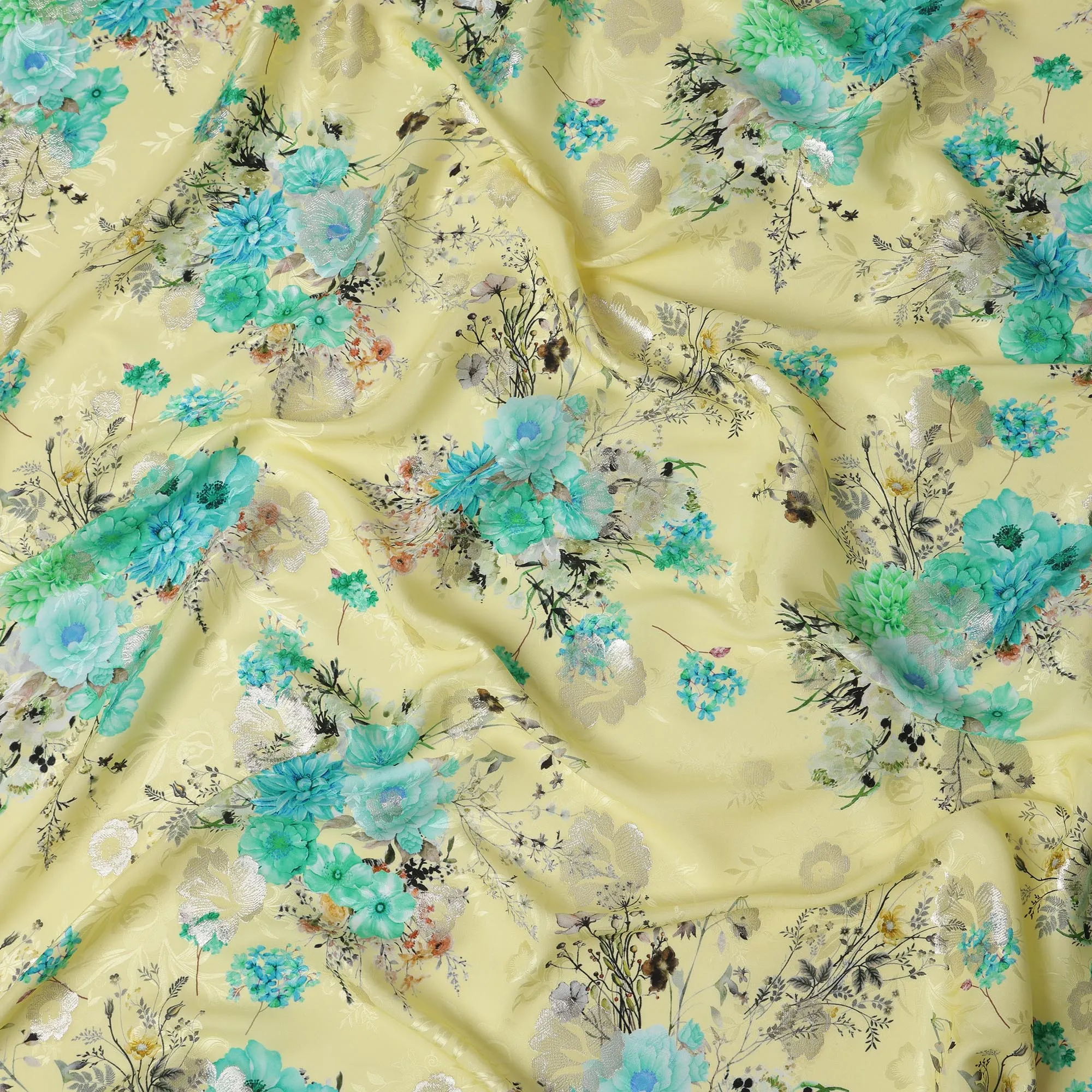 Yellow and Aqua Floral Silk Satin Fabric with Metallic Accents, Width 140 cm, South Korea-D21288