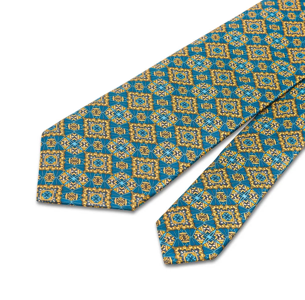 Yellow and Teal Medieval Art Duchesse Silk Tie